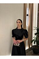 لباس رودخانه ساتن سیاه به طول میدی با طول میانه-thumb