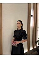 لباس رودخانه ساتن سیاه به طول میدی با طول میانه-thumb