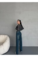 شلوار جین Palazzo Vintage با جلوه کم رنگ دور کمر زنانه-thumb