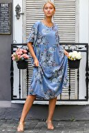 Chiccy Kadın Mavi İtalyan Sıfır Yaka Gül Desenli Beli Büzgülü Astarlı Kısa Kol Elbise M10160000EL94314