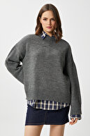 ژاکت بافتنی Pinterest Anthracite یقه گرد اورسایز-thumb