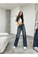 شلوار جین گشاد لایکرا با جلوه‌های آبی سرمه‌ای زنانه، شلوار جین کژوال Palazzo-thumb