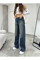 شلوار جین گشاد لایکرا با جلوه‌های آبی سرمه‌ای زنانه، شلوار جین کژوال Palazzo-thumb