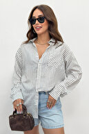 پیراهن زنانه گشاد راه راه مشکی تک جیب آستین بلند پیراهن زنانه پسر-thumb