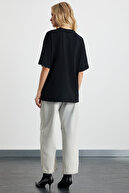 زن لاگرتا 100 ٪ پنبه ارگانیک ضخیم بافت اوورسای تیشرت سیاه و سفید پیراهن مشکی-thumb