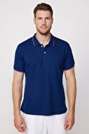 تی شرت باریک مردانه با آستین پیکه ساده 100% پنبه ای راه راه یقه آبی سرمه ای-thumb