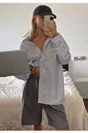 پیراهن زنانه گشاد راه راه مشکی تک جیب آستین بلند پیراهن زنانه پسر-thumb