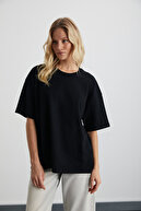 زن لاگرتا 100 ٪ پنبه ارگانیک ضخیم بافت اوورسای تیشرت سیاه و سفید پیراهن مشکی-thumb