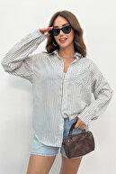 پیراهن زنانه گشاد راه راه مشکی تک جیب آستین بلند پیراهن زنانه پسر-thumb