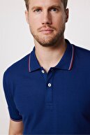 تی شرت باریک مردانه با آستین پیکه ساده 100% پنبه ای راه راه یقه آبی سرمه ای-thumb