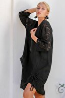Chiccy Kadın Siyah İtalyan Kolları Dantel Yanı Büzgü Bağlamalı Oversize Cepli Keten Elbise M10160000EL94245