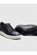 کفش کتانی مردانه بنددار آبی سرمه ای چرم طبیعی-thumb