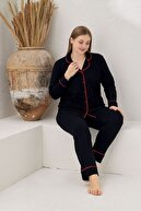 ست پیژامه دکمه دار آستین بلند مشکی زنانه سایز بزرگ-thumb