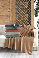 پتوی تلویزیونی بافتنی کوکو برنجی پرتاب مبل بافتنی شتری با پومپوم-thumb