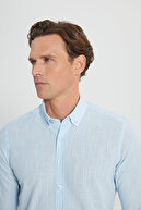 پیراهن کتانی آبی روشن مردانه 100% پنبه ای با یقه دکمه دار و پارچه ای تنفس پذیر-thumb