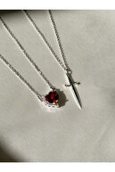 گردنبند زوج شمشیر قلب استیل-thumb