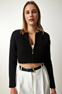 Zipper Wick Crop Lnitwear Cardigan Black LPF0100-thumb