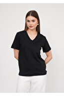 پارچه 100 ٪ پنبه ای interlok پارچه به طور منظم تیشرت زن V- گردن-thumb