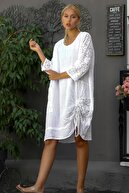 Chiccy Kadın Beyaz İtalyan Kolları Dantel Yanı Büzgü Bağlamalı Oversize Cepli Keten Elbise M10160000EL94245