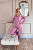 ستارگان پودر الگوی جلوی بامبو جلوی آستین بلند زنان لباس خواب-thumb