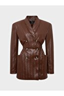 کت چرم بافتنی وگان با دکمه در کمر - قهوه ای-thumb