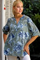 Chiccy Kadın Haki İtalyan Romantik Gül Desenli Cepli Ayar Düğmeli Kol Detaylı Bluz M10010200BL94941