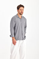 پیراهن مردانه طوسی اورسایز گشاد آستین بلند تابستانی کتانی راحتی-thumb