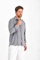 پیراهن مردانه طوسی اورسایز گشاد آستین بلند تابستانی کتانی راحتی-thumb