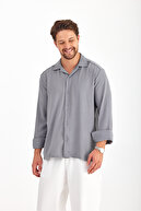 پیراهن مردانه طوسی اورسایز گشاد آستین بلند تابستانی کتانی راحتی-thumb