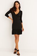 Cool & Sexy Kadın Siyah Kruvaze Volanlı Kaşkorse Mini Elbise EY1306