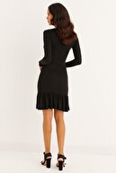 Cool & Sexy Kadın Siyah Kruvaze Volanlı Kaşkorse Mini Elbise EY1306