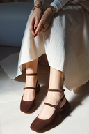 کفش های پاشنه کوتاه بلوک دار زنانه مری جین قهوه ای تلخ جیر پشت باز-thumb