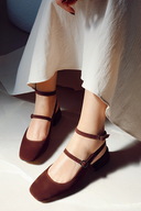 کفش های پاشنه کوتاه بلوک دار زنانه مری جین قهوه ای تلخ جیر پشت باز-thumb