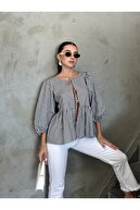 بلوز آستین بالون بلوز بلوز بلوز زن راه راه راه راه