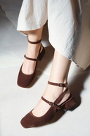 کفش های پاشنه کوتاه بلوک دار زنانه مری جین قهوه ای تلخ جیر پشت باز-thumb