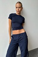 تی شرت زنانه بیسیک یقه سرمه ای گرد Mg1725-thumb