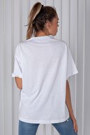 blackbonds Kadın Beyaz Montana Baskılı Oversize T-shirt