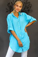 Chiccy Kadın Turkuaz İtalyan Yakalı 3/4 Kol Düğme Detaylı Keten Tunik Gömlek M10010400GM99385