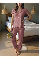 ست لباس خواب پنبه ای فصلی با پاپیون رز گرد و خاکی-thumb