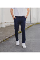 شلوار قد بلند پارچه لایکرای منعطف مردانه رنگ آبی سرمه ای با کیفیت-thumb