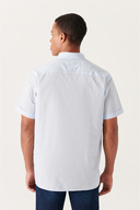 پیراهن آستین کوتاه 100% نخی یقه دکمه دار آبی مردانه E002210-thumb