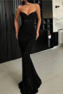 لباس شب مشکی مخملی با جزئیات پر پولک دار-thumb