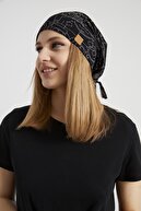 Butikgiz Kadın Siyah, Beyaz Desenli, Ip Detaylı 4 Mevsim Şapka Bere Buff -ultra Yumuşak Doğal Penye Kumaş