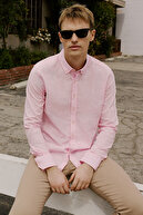 پیراهن کتانی صورتی مردانه 100% پنبه ای و پارچه ای باریک و با یقه گشاد-thumb