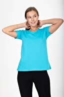 تی شرت زنانه یقه V با کیفیت فوق العاده 100% پنبه ای آبی فیروزه ای تی شرت پنبه ای بافتنی-thumb