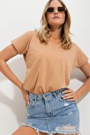 تی شرت زنانه یقه V با کیفیت فوق العاده 100% پنبه ای تی شرت نخی شانه دار بافتنی زنانه بژ تیره-thumb