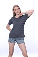 تی شرت زنانه یقه V آنتراسیت با کیفیت فوق العاده تی شرت شانه دار پنبه ای ارگانیک پایه-thumb