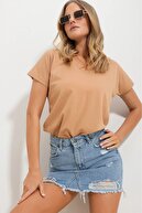 تی شرت زنانه یقه V با کیفیت فوق العاده 100% پنبه ای تی شرت نخی شانه دار بافتنی زنانه بژ تیره-thumb