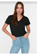 تی شرت زنانه یقه V مشکی با کیفیت فوق العاده تی شرت نخی بافتنی بیسیک-thumb