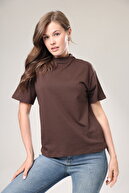 تی شرت یقه بلند بافتنی یقه بلند زنانه قهوه ای 100% پنبه ارگانیک.-thumb
